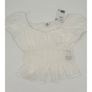 HM Girls White Smocked Peplum Top Puff Sleeve Textured Blouse Size 12 NWT